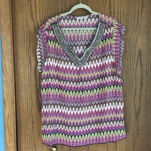 Beaded chevron print women’s colorful v-neck sleeveless blouse top size 26/28